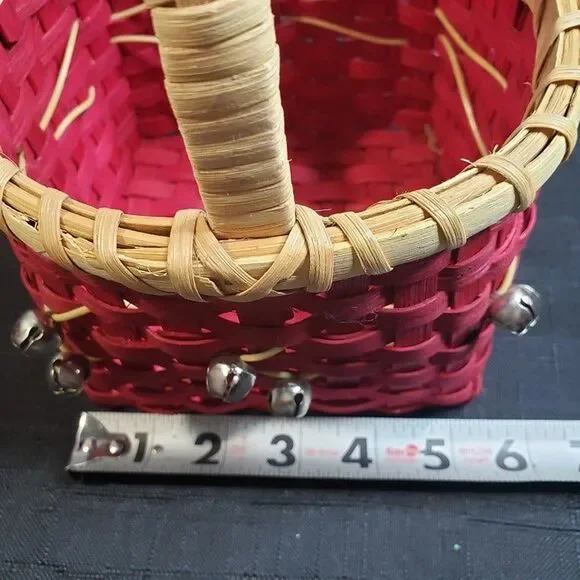 Cute Small Red Wicker Christmas Basket with Bells 5" x 8" tall Holiday Decor - Picture 10 of 11